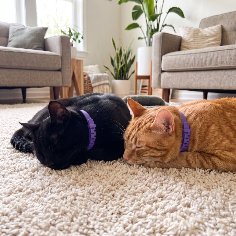 Zwei Katzen mit Halsband liegen nebeneinander