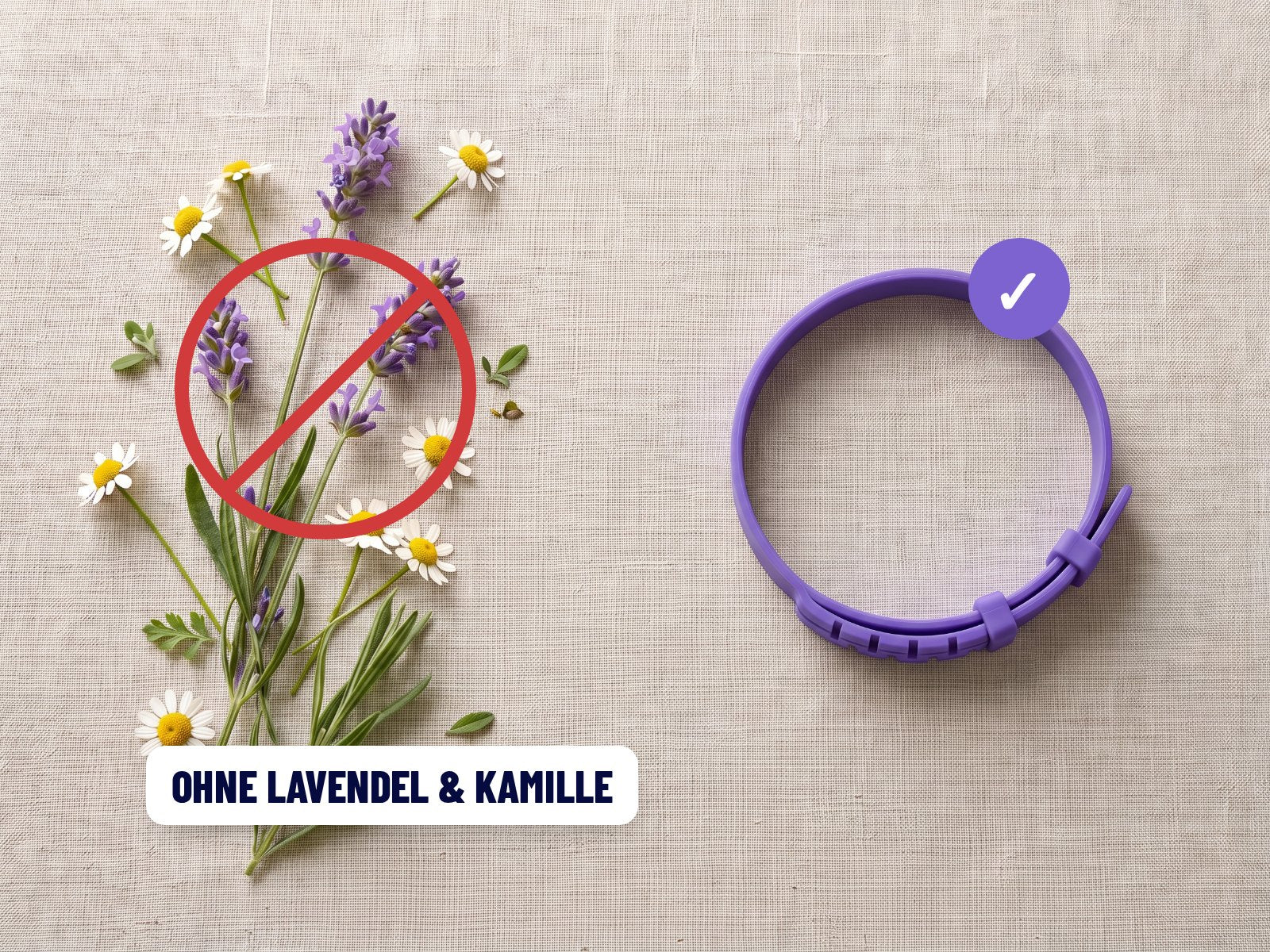 Lavendel und Kamille durchgestrichen neben dem Morino Halsband