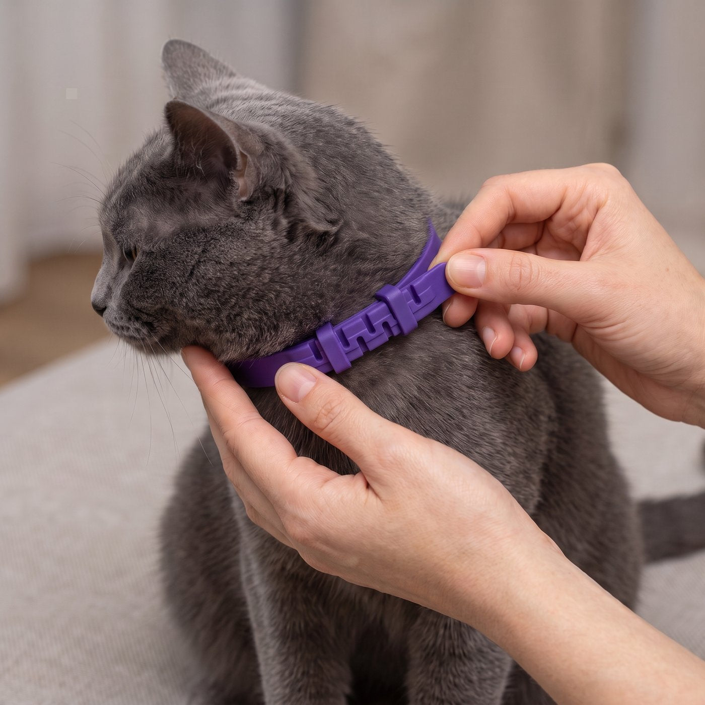 Halsband wird einer grauen Katze angelegt