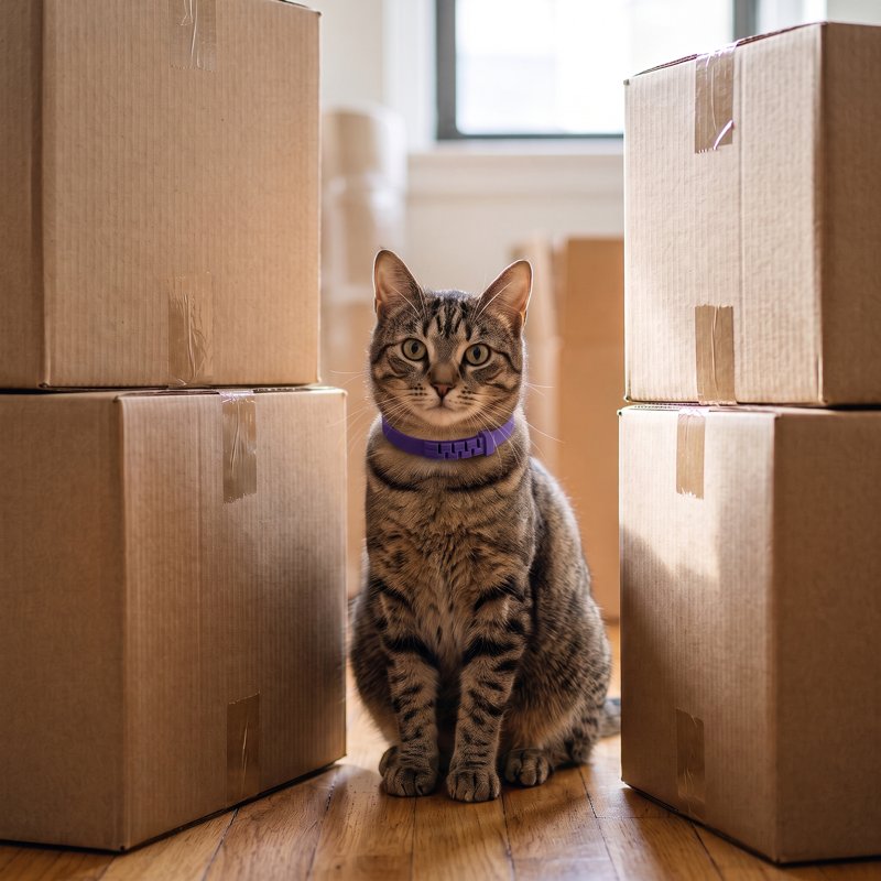 Katze zwischen Umzugskartons