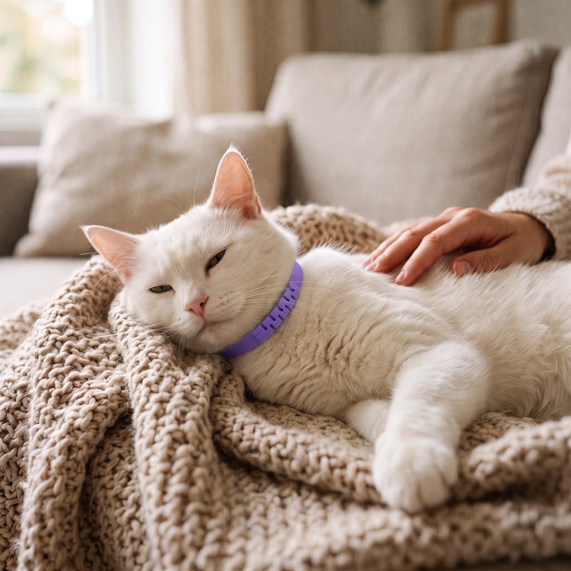 Entspannte weiße Katze mit Halsband auf einer Decke